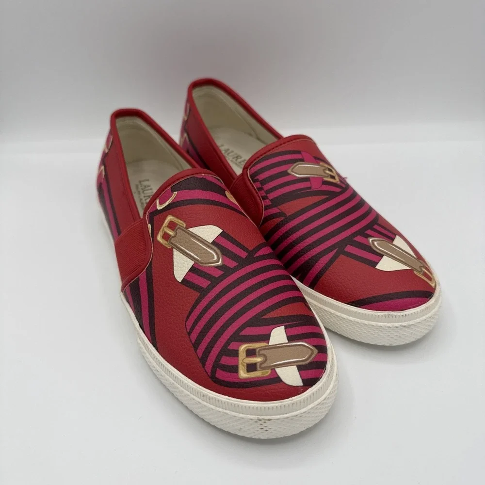 Lauren Ralph Lauren Jinny Slip On Sneakers Red Belting AOP‎ Sz 6 B